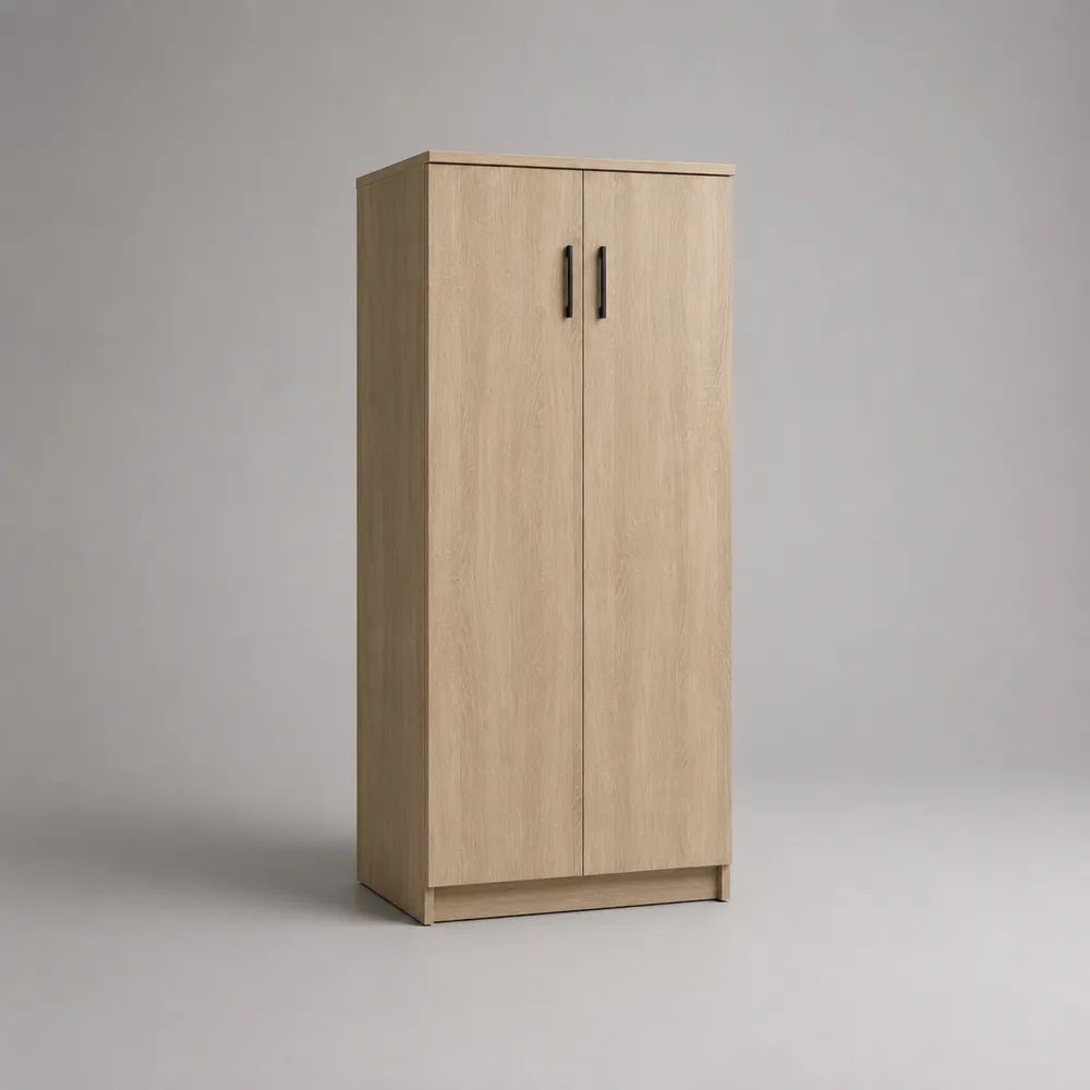 Armoire à chaussures haute en bois à 2 portes, chêne clair et noir, 70 × 35 × 180 cm