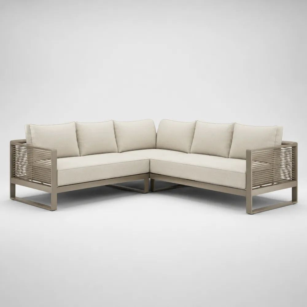 Canapé de jardin d'angle 5 places en aluminium et corde polyester beige clair et taupe, 230 × 230 × 78 cm