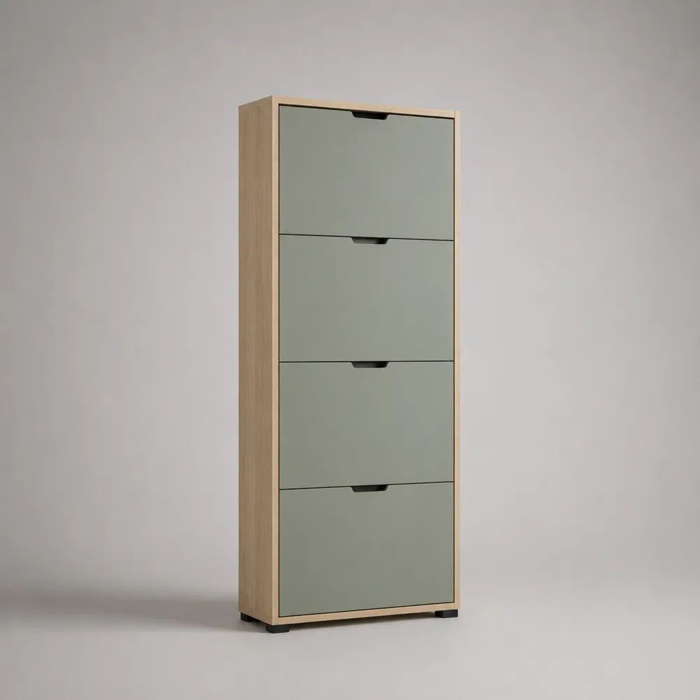 Meuble à chaussures rectangulaire à 4 abattants en MDF et panneaux de particules, vert sauge et chêne clair, 60 × 24 × 160 cm
