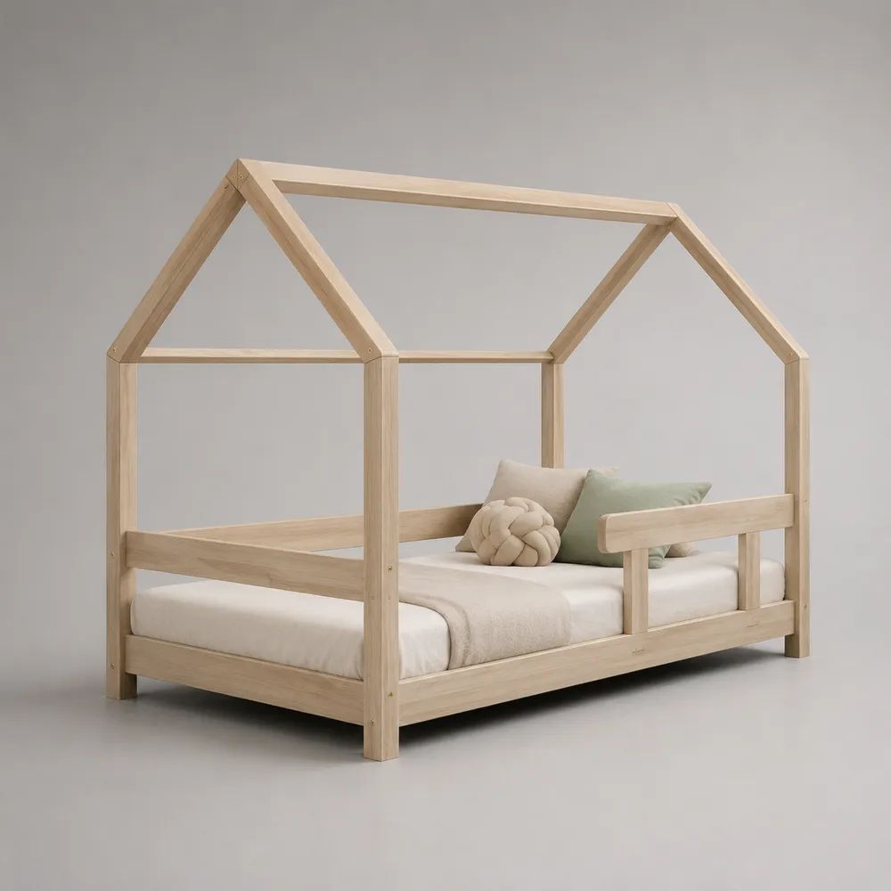 Lit cabane enfant en bois massif naturel 90 x 200 cm avec sommier à lattes et barrière