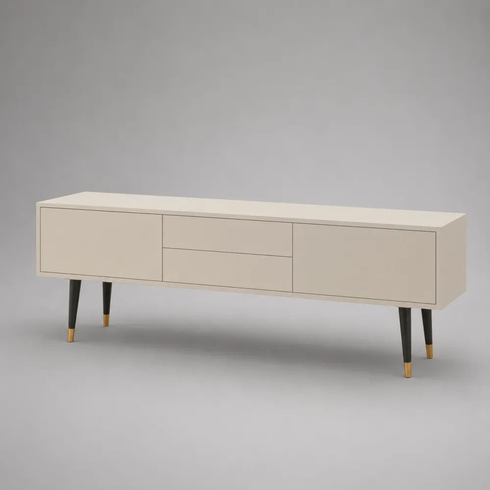 Meuble TV bas beige en bois et métal, 2 portes et 2 tiroirs, pieds noirs et dorés, 160 × 40 × 60 cm