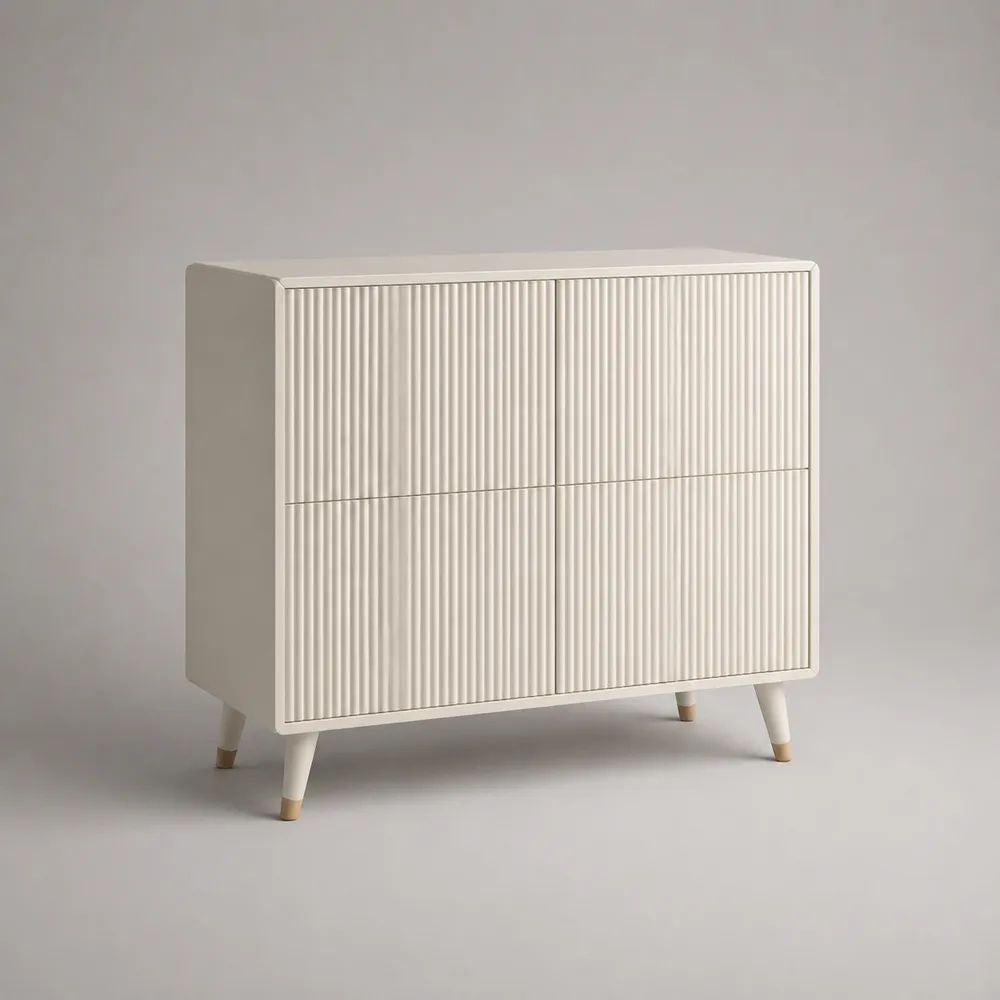 Buffet rectangulaire en bois à 4 portes rainurées, blanc cassé et bois naturel, 100 × 40 × 90 cm