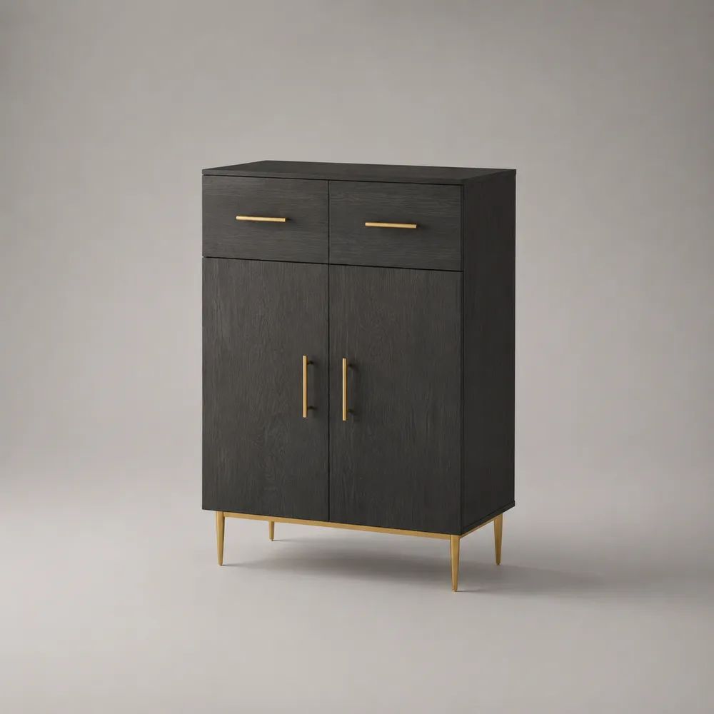 Buffet haut 2 portes et 2 tiroirs en MDF mélaminé et acier noir et doré 80 x 40 x 110 cm
