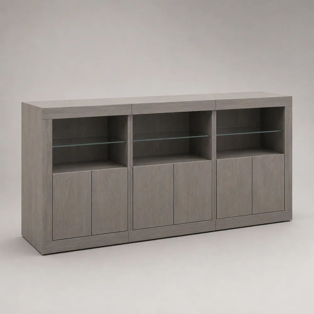 Buffet de salle à manger 6 portes et 3 tiroirs en panneaux de particules mélaminés et verre, gris chêne, 180 x 40 x 90 cm