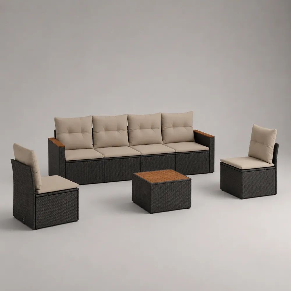 Salon de jardin extérieur 4 pièces 6 places en résine tressée noire et bois avec coussins beiges – canapé 224 × 65 × 74 cm, table 62 × 62 × 35 cm