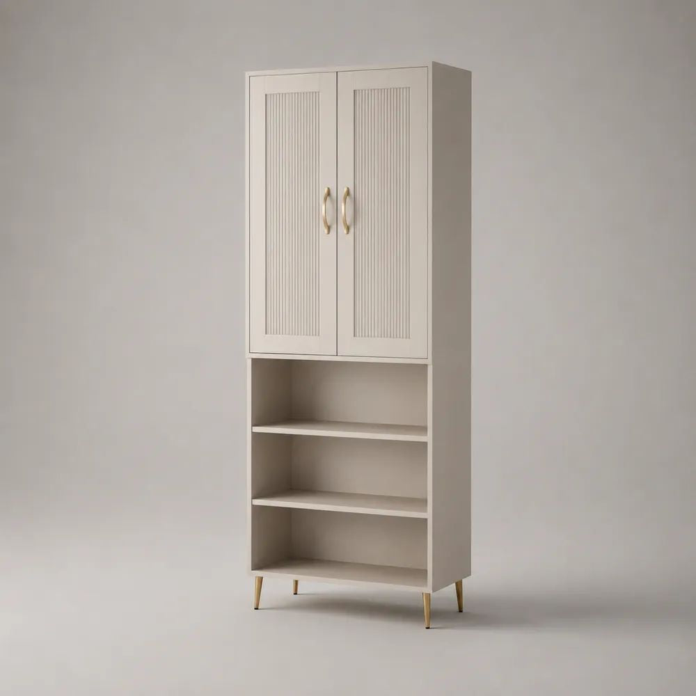 Buffet haut rectangulaire en bois à 2 portes rainurées et 3 niches, beige et doré, 80 × 40 × 180 cm