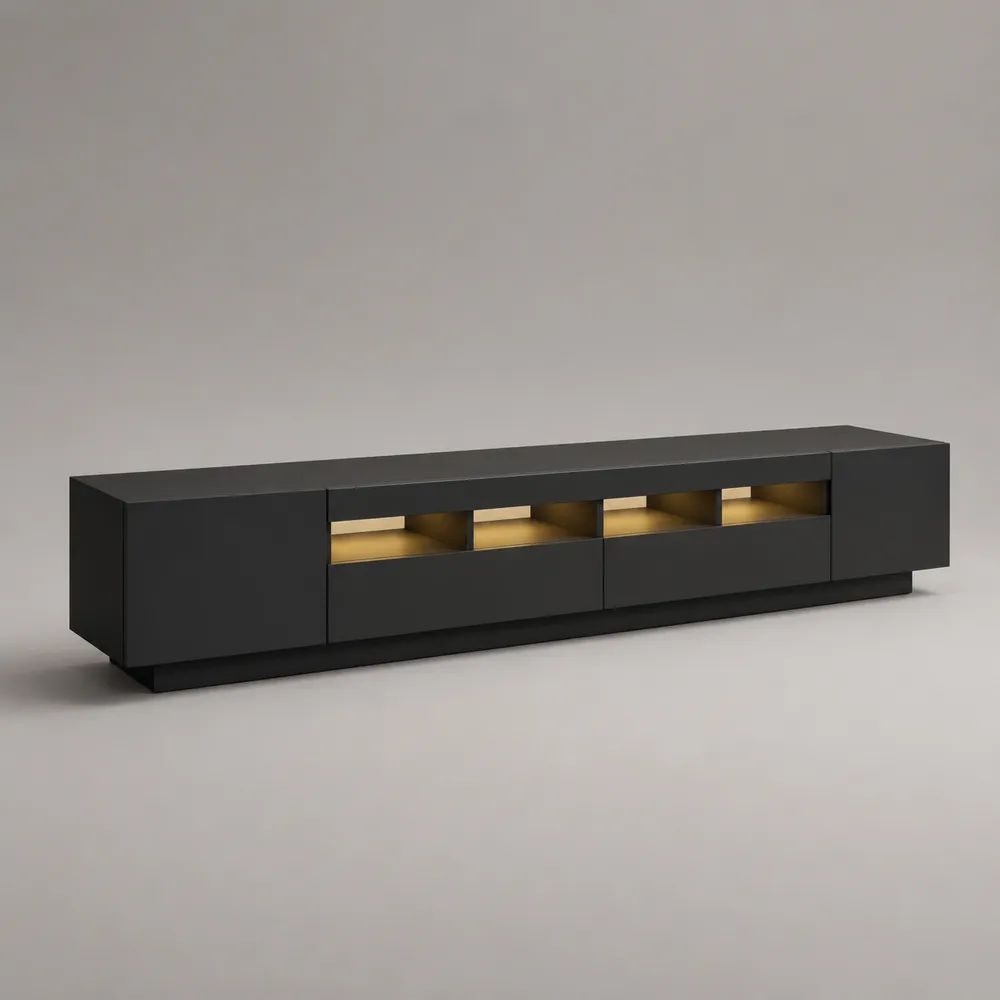 Meuble TV bas noir avec éclairage LED blanc chaud et rangements, panneaux de particules mélaminés, 240 x 40 x 50 cm