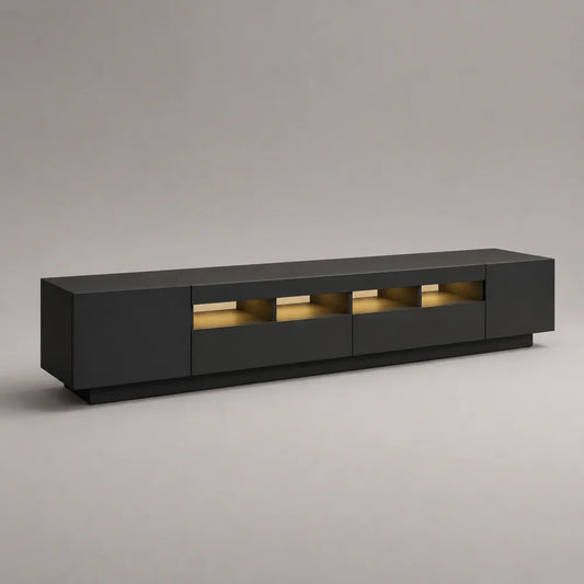Meuble TV bas noir avec éclairage LED blanc chaud et rangements, panneaux de particules mélaminés, 240 x 40 x 50 cm