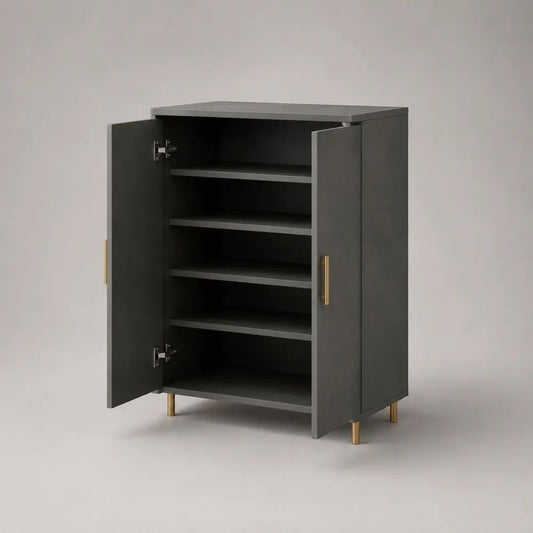Meuble à chaussures à 2 portes en MDF gris anthracite et doré avec 4 étagères, 80 × 35 × 110 cm
