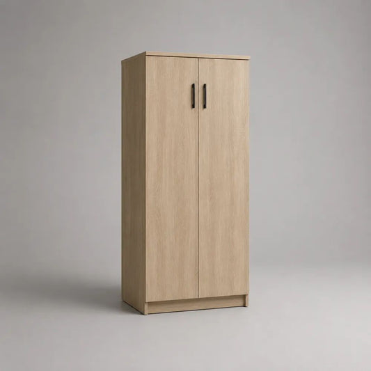 Armoire à chaussures haute en bois à 2 portes, chêne clair et noir, 70 × 35 × 180 cm