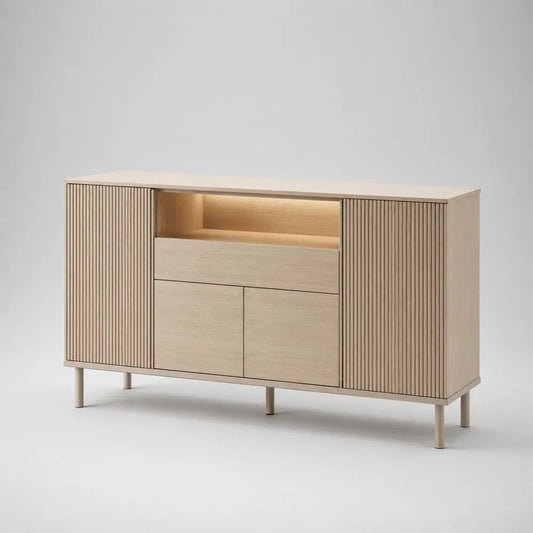 Buffet de cuisine rectangulaire en bois et MDF effet chêne clair, 4 portes, 1 tiroir et niche avec éclairage LED, 160 × 40 × 100 cm