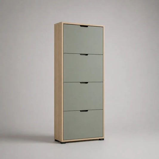 Meuble à chaussures rectangulaire à 4 abattants en MDF et panneaux de particules, vert sauge et chêne clair, 60 × 24 × 160 cm