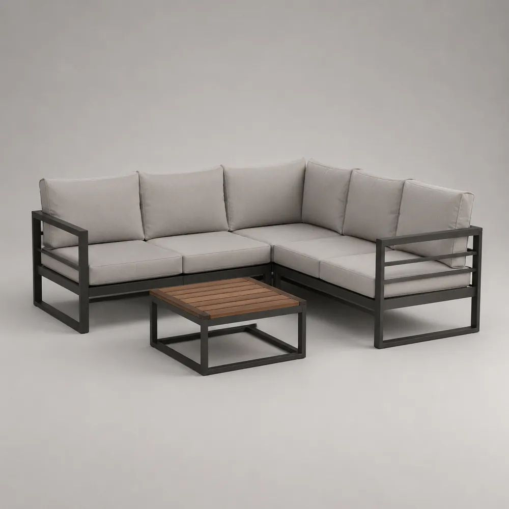 Salon de jardin d'angle 5 places avec table basse en aluminium et acacia, gris clair, anthracite et marron, 240 × 240 × 70 cm