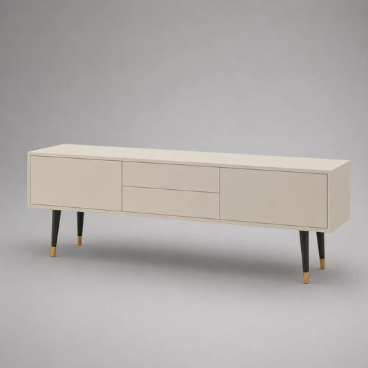 Meuble TV bas beige en bois et métal, 2 portes et 2 tiroirs, pieds noirs et dorés, 160 × 40 × 60 cm