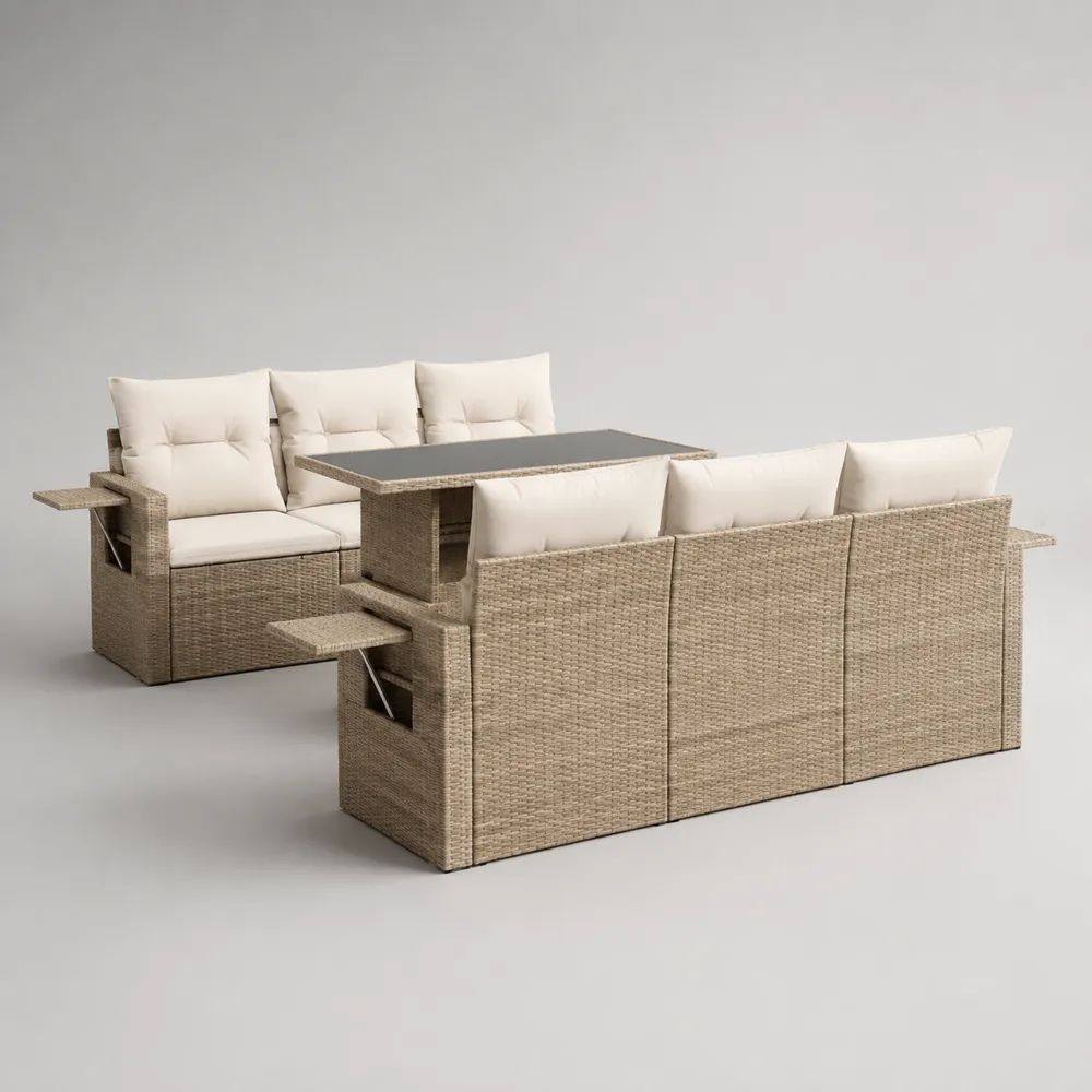 Salon de jardin extérieur 6 places en résine tressée beige, 3 pièces avec coussins crème, canapés 180 × 75 × 75 cm et table 120 × 70 × 68 cm