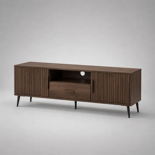 Meuble TV 2 portes et 1 tiroir en MDF plaqué noyer brun et acier noir, 160 × 40 × 60 cm