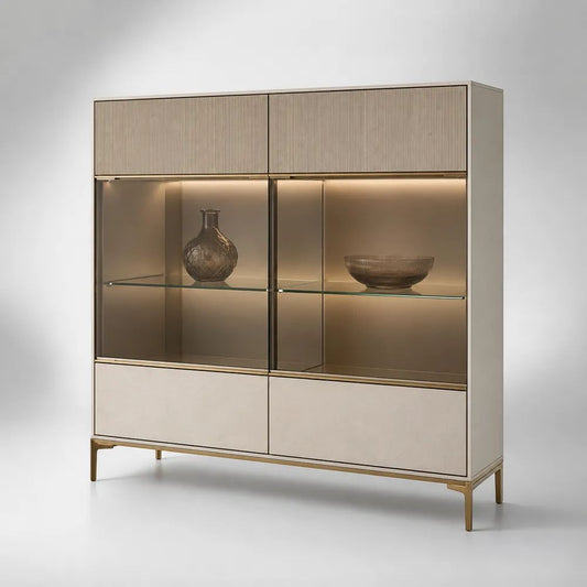 Buffet vitrine d'intérieur à 4 portes et 2 tiroirs en MDF, verre trempé et acier, beige, bronze et doré, 140 x 40 x 160 cm