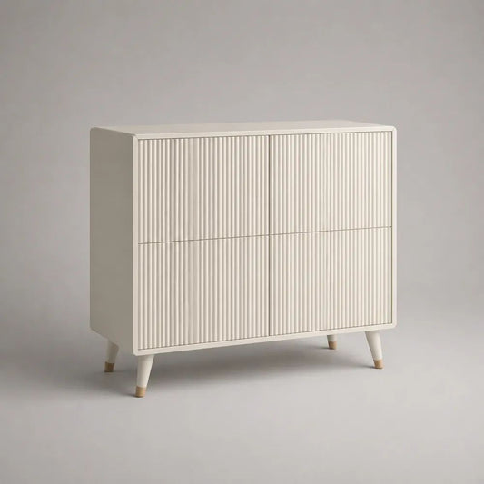 Buffet rectangulaire en bois à 4 portes rainurées, blanc cassé et bois naturel, 100 × 40 × 90 cm