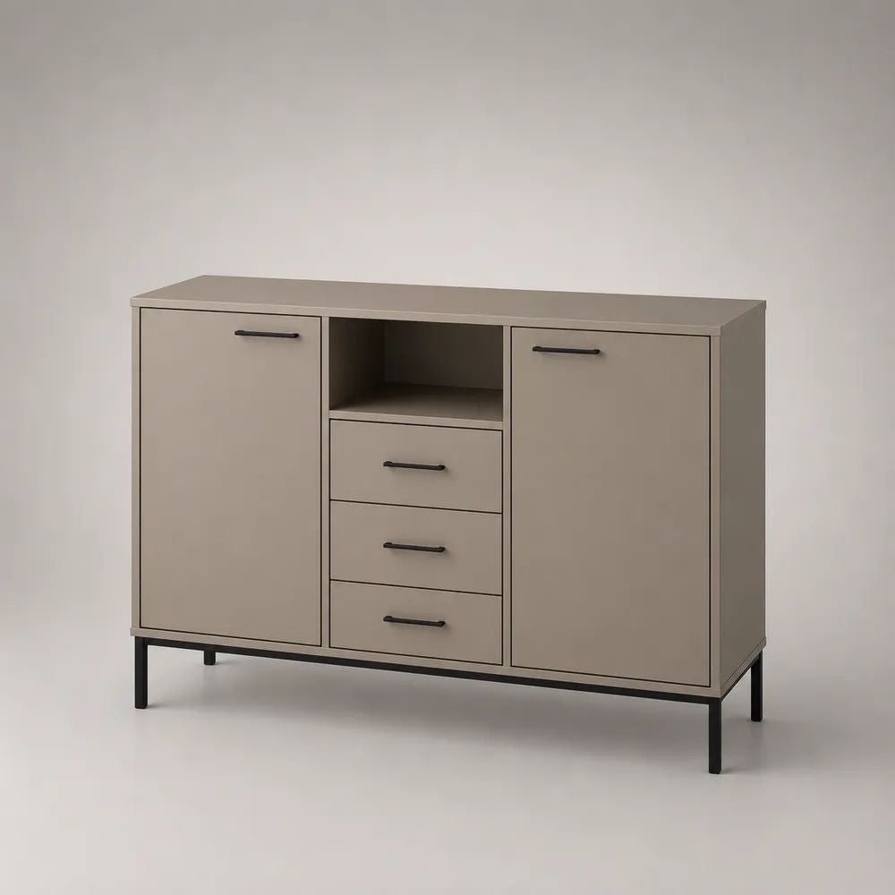 Buffet rectangulaire 2 portes, 3 tiroirs et niche ouverte en panneau de particules et acier, taupe et noir, 120 × 40 × 90 cm