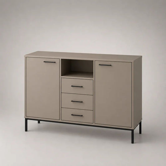 Buffet rectangulaire 2 portes, 3 tiroirs et niche ouverte en panneau de particules et acier, taupe et noir, 120 × 40 × 90 cm