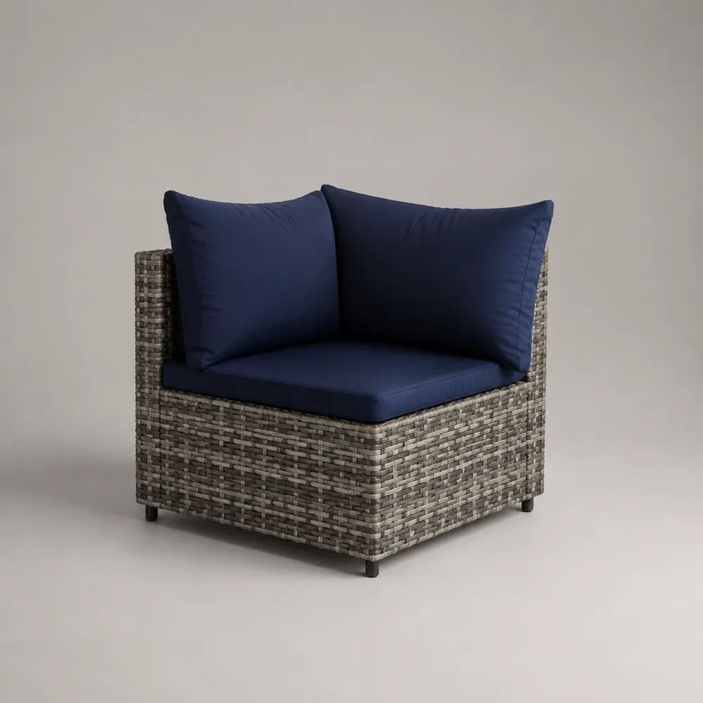 Fauteuil d'angle de jardin 1 place en résine tressée PE et acier gris avec coussins bleu marine, 78 × 78 × 73 cm