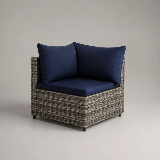 Fauteuil d'angle de jardin 1 place en résine tressée PE et acier gris avec coussins bleu marine, 78 × 78 × 73 cm