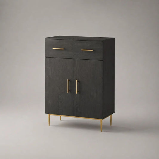 Buffet haut 2 portes et 2 tiroirs en MDF mélaminé et acier noir et doré 80 x 40 x 110 cm