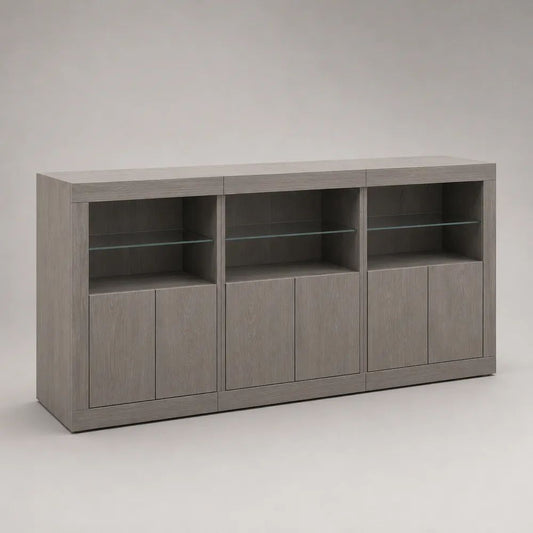 Buffet de salle à manger 6 portes et 3 tiroirs en panneaux de particules mélaminés et verre, gris chêne, 180 x 40 x 90 cm