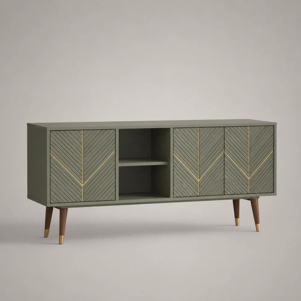 Meuble TV buffet en MDF à 3 portes et 2 niches, vert olive, 140 × 40 × 76 cm