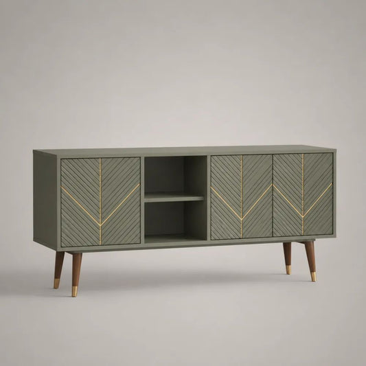 Meuble TV buffet en MDF à 3 portes et 2 niches, vert olive, 140 × 40 × 76 cm