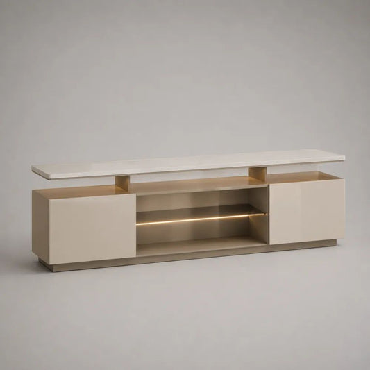 Meuble TV bas rectangulaire avec éclairage DEL, en MDF et panneaux de particules, beige clair et taupe, 180 × 40 × 55 cm