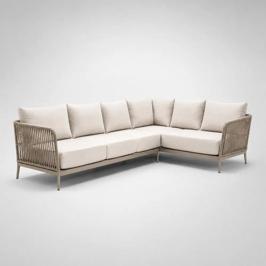 Canapé de jardin d'angle droit 5 places en aluminium et corde tressée taupe avec coussins écrus, 250 x 190 x 78 cm