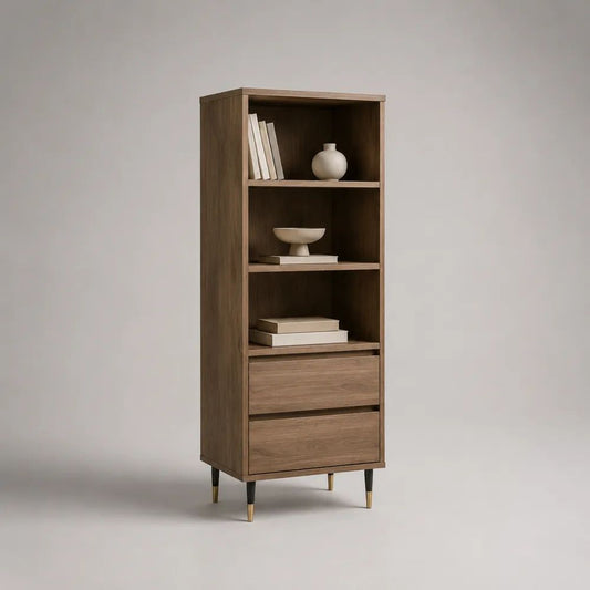 Buffet haut rectangulaire en bois, 3 niches et 2 tiroirs, marron noyer/noir/laiton, 60 x 40 x 170 cm