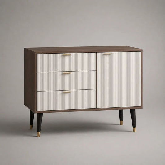 Buffet rectangulaire en panneaux MDF avec 3 tiroirs et 1 porte, brun noyer, crème, noir et laiton, 120 × 40 × 90 cm