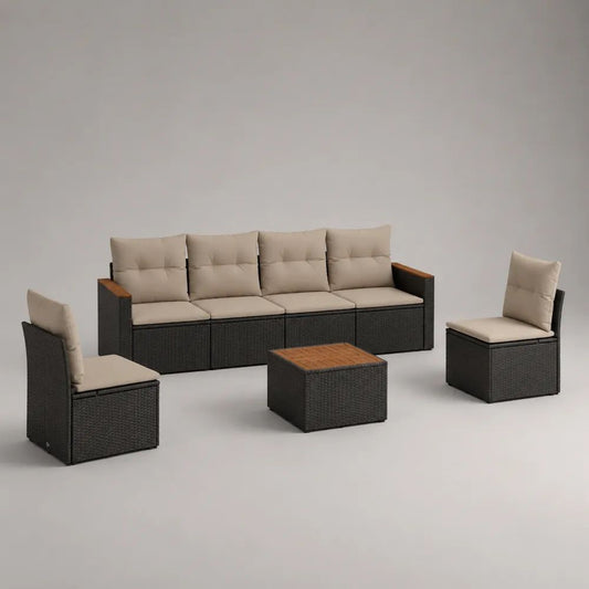 Salon de jardin extérieur 4 pièces 6 places en résine tressée noire et bois avec coussins beiges – canapé 224 × 65 × 74 cm, table 62 × 62 × 35 cm