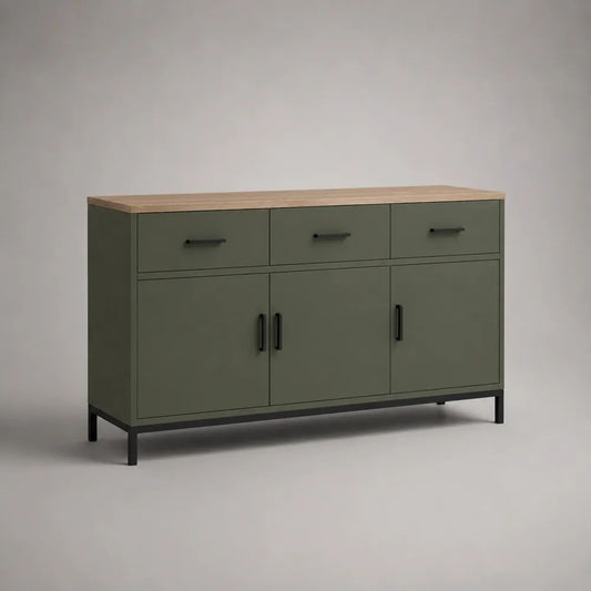 Buffet en bois et acier à 3 portes et 3 tiroirs, vert olive, aspect chêne naturel et noir, 120 × 40 × 80 cm