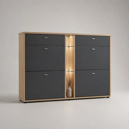 Meuble à chaussures rectangulaire à 6 abattants en panneaux de particules mélaminés avec éclairage LED, chêne clair et anthracite, 160 × 35 × 120 cm