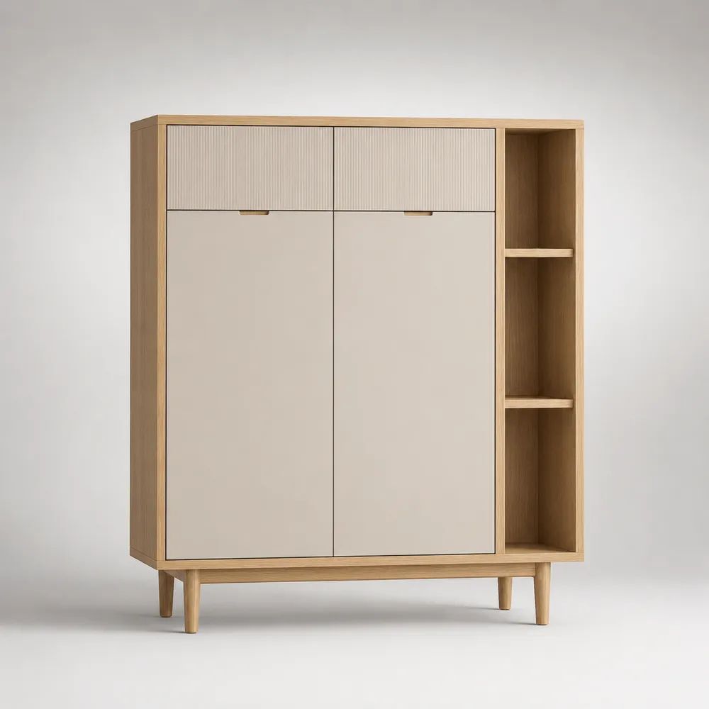 Buffet haut rectangulaire en MDF plaqué chêne avec 2 portes, 2 tiroirs et 3 niches, chêne naturel et beige, L 120 x P 40 x H 140 cm