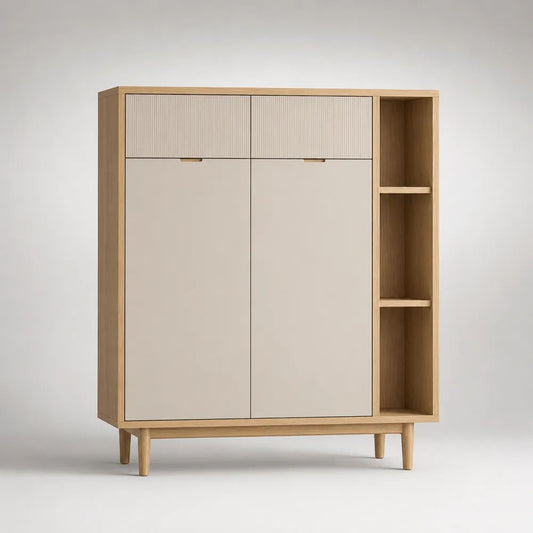 Buffet haut rectangulaire en MDF plaqué chêne avec 2 portes, 2 tiroirs et 3 niches, chêne naturel et beige, L 120 x P 40 x H 140 cm