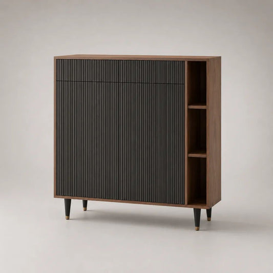 Buffet haut rectangulaire en MDF plaqué noyer à 2 portes, 2 tiroirs et 3 niches, noir et brun, 120 × 40 × 110 cm