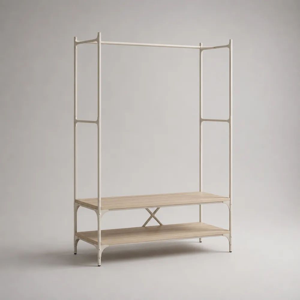 Vestiaire d'entrée avec porte-manteau et étagère à chaussures en acier et panneaux mélaminés, blanc cassé et chêne clair, 120 × 40 × 180 cm