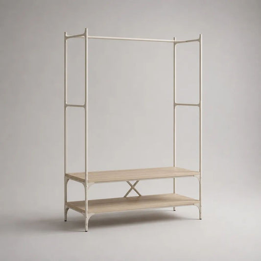 Vestiaire d'entrée avec porte-manteau et étagère à chaussures en acier et panneaux mélaminés, blanc cassé et chêne clair, 120 × 40 × 180 cm