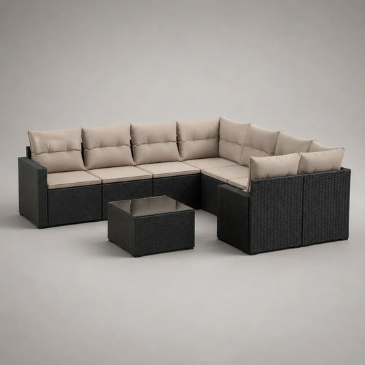 Salon de jardin extérieur 7 pièces, canapé d'angle modulable 6 places en résine tressée noire avec coussins beiges et table basse, 236 × 177 × 74 cm
