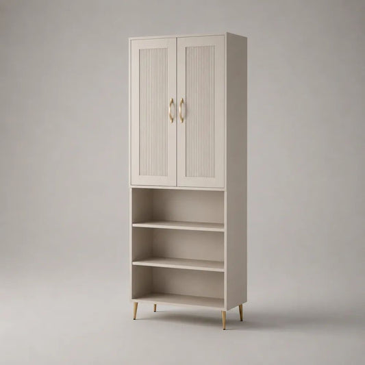 Buffet haut rectangulaire en bois à 2 portes rainurées et 3 niches, beige et doré, 80 × 40 × 180 cm