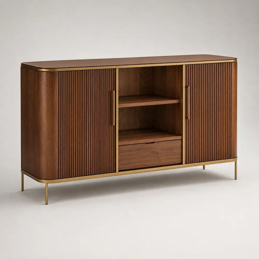 Buffet rectangulaire en bois MDF plaqué noyer et métal, 2 portes, 2 niches et 1 tiroir, brun noyer et laiton, 160 × 40 × 90 cm