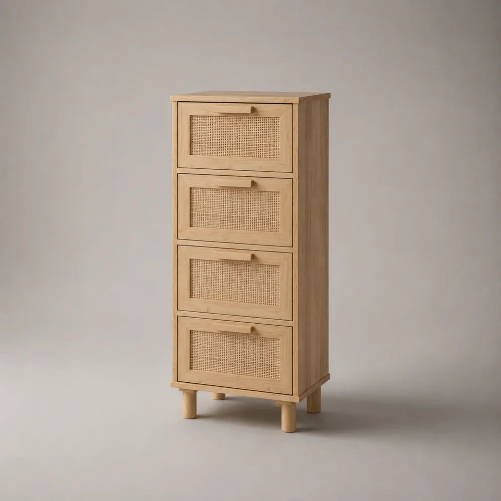 Commode haute en bois et cannage à 4 tiroirs, chêne naturel et beige, 60 x 40 x 120 cm