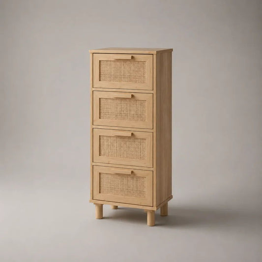 Commode haute en bois et cannage à 4 tiroirs, chêne naturel et beige, 60 x 40 x 120 cm