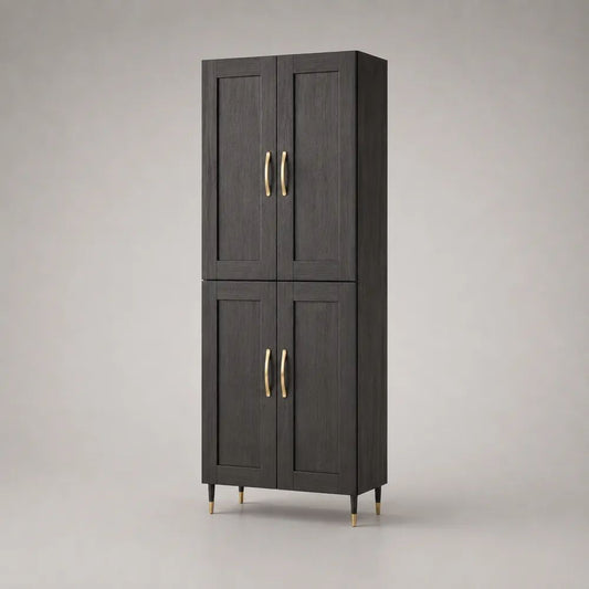 Buffet haut rectangulaire à 4 portes en MDF gris anthracite et métal coloris laiton, 80 × 40 × 180 cm