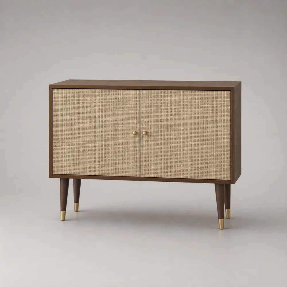 Buffet rectangulaire à 2 portes en MDF plaqué noyer et rotin, marron foncé et beige naturel, 100 × 40 × 80 cm