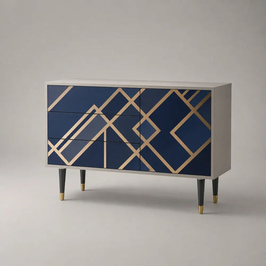 Buffet rectangulaire en MDF à 3 tiroirs et 1 porte, bleu marine, gris clair et doré, 120 × 40 × 85 cm